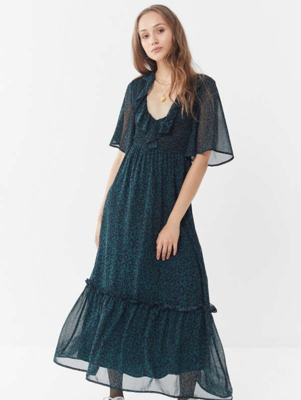 Moon River Teal Ruffle Midi Dress